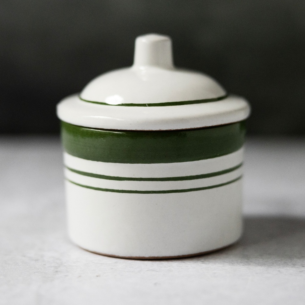 Small green white stoneware cheese crock canister with lid Pottery Craft Rondele